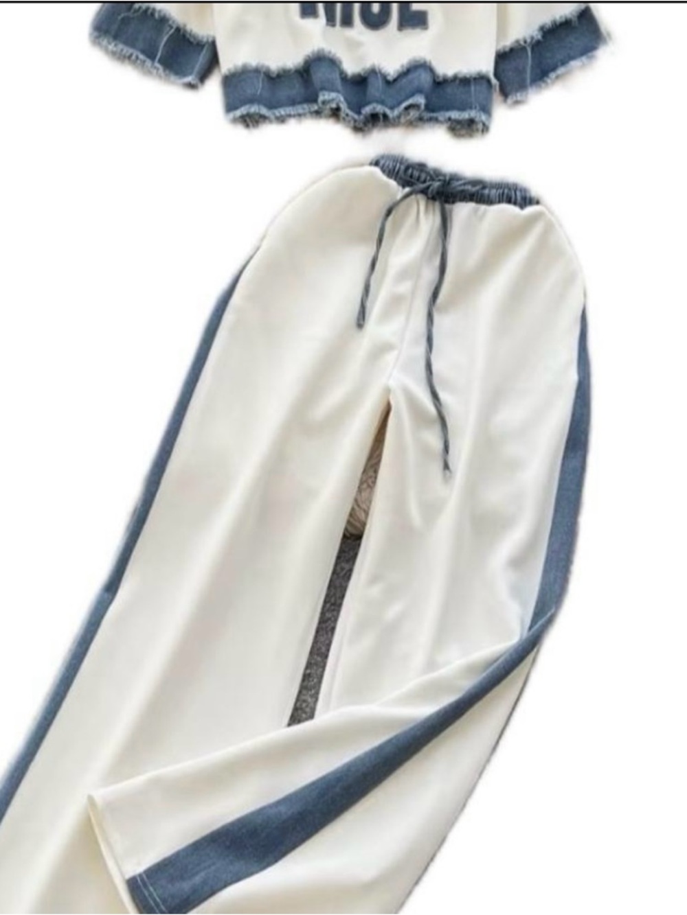 White Wide-Leg Track Pants with Blue Side Stripe